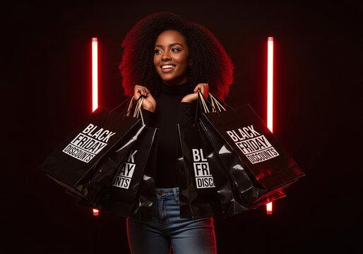 Stylish woman joyfully celebrates Black Friday deals with shopping bags in hand, ready for holiday savings and gift giving in a modern setting
