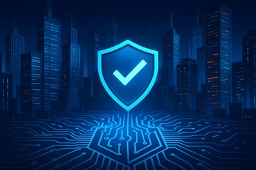 A futuristic cityscape with a digital shield icon symbolizing cybersecurity and protection over a network.