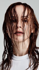 A captivating close-up portrait showcases a woman with wet hair, her gaze direct and magnetic, capturing the raw beauty of a fresh appearance. 