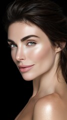 Fototapeta premium A close-up portrait showcases the subtle beauty and flawless skin of a woman. The image is bathed in soft light.
