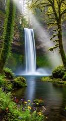 Serene Waterfall in Lush Forest.