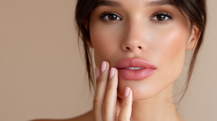 Fototapeta premium The gentle close-up showcases the smooth, healthy skin and serene expression of a youthful woman, creating a sense of elegance and purity.