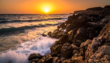 Dramatic sunset over rocky coast