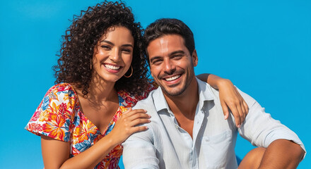 Joyful diverse couple embracing under bright blue sky radiating happiness and connection