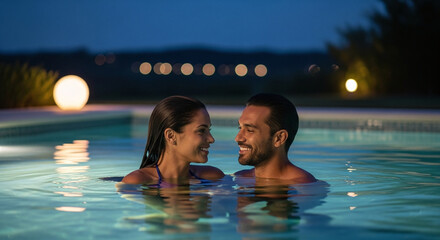 Romantic couple sharing intimate moment in glowing pool at twilight, creating lasting memories and pure bliss