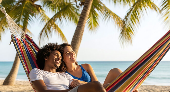 Joyful couple relaxing in vibrant hammock on sunny tropical beach with palm trees and ocean breeze