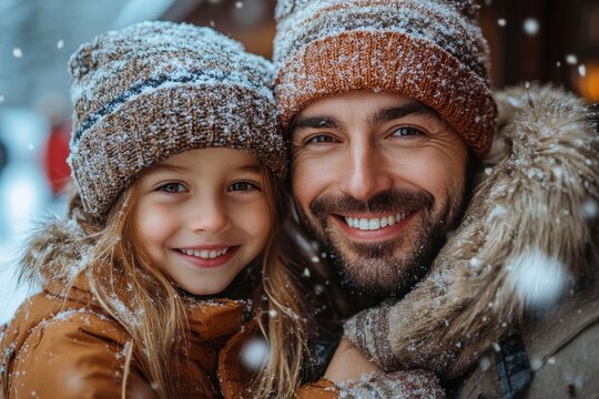 Man and girl walking in snow.