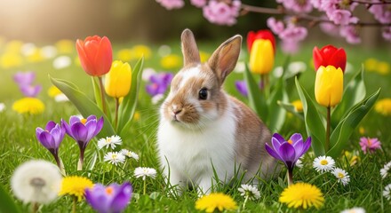 Fototapeta premium A cute rabbit surrounded by colorful blooming flowers in a sunny spring garden.