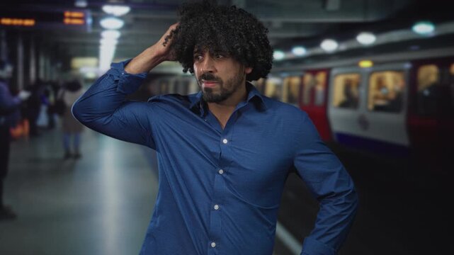 Man with hand to hair wearing blue shirt on crowded train platform inside building; travel confusion.
