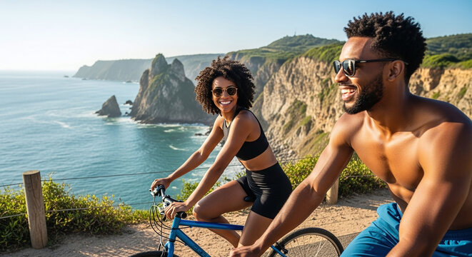 Joyful couple cycling along a scenic coastal cliffside path with sparkling blue ocean views on a sunny day. - Powered by Adobe