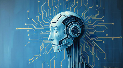 3d rendering robot head with circuit board on blue background, artificial intelligence concept