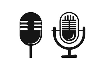 Two retro style microphone icons stand outlined boldly in simplistic black and white