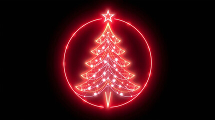 Glowing Neon Christmas Tree with Star in Red Circle
