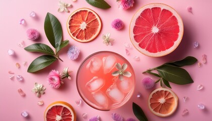 Flat Lay Of A Refreshing Pink Grapefruit Drink With Ice Surrounded By Citrus Slices Flowers Leaves And Candy On A Pink Background