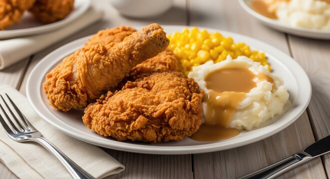 Delicious plate of fried chicken with corn and mashed potatoes, a comfort food classic.