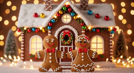 Festive gingerbread couple in front of a cozy decorated house with twinkling lights.
