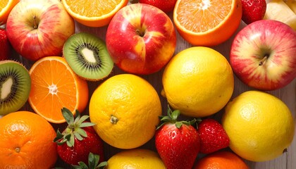 A colorful composition, showcasing fresh, vibrant fruits. Apples, oranges, kiwi, lemons, and strawberries create a delightful, healthy arrangement