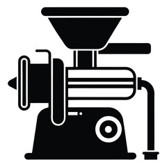 The old fashioned black meat grinder stands ready with its hopper and handle