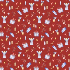 Seamless Christmas pattern with watercolor angel, gift box, candy cane, mitten, pinecone, bell, stars and festive decorations on red background. Ideal for fabric, wrapping paper, party design