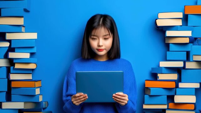 Curious student reading tablet blue background with stack book for education and learning young woman blue sweater studies with focus digital