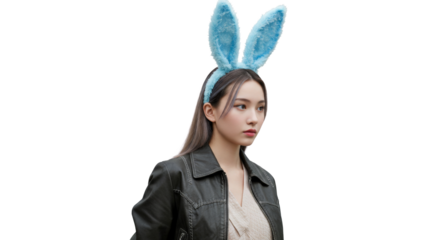 Woman wearing blue bunny ears headband isolated