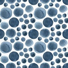 Seamless pattern watercolor geometric indigo blue circle dot background. Hand drawn dotted round shape geometrical illustration. For wallpaper, wrapping paper, texture, textile, design