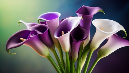 Close Up Of A Bouquet Of Purple And White Calla Lilies Vibrant Green Stems With A Soft Blurred Gradient Background © Camille