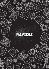 Traditional Italian pasta sketch. Ravioli frame. Italian food. Staple food. Hand drawn illustration. Background for packaging, menu. Top view. Not AI