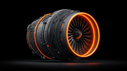 Futuristic jet engine with glowing orange neon lights and high-tech design