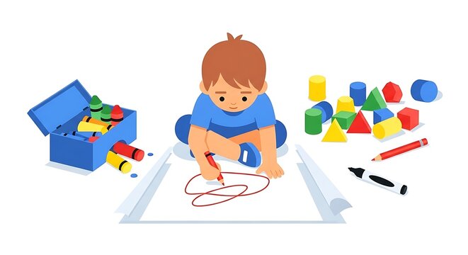 Young boy drawing on a large paper on the floor with crayons and colorful toy blocks. - Powered by Adobe