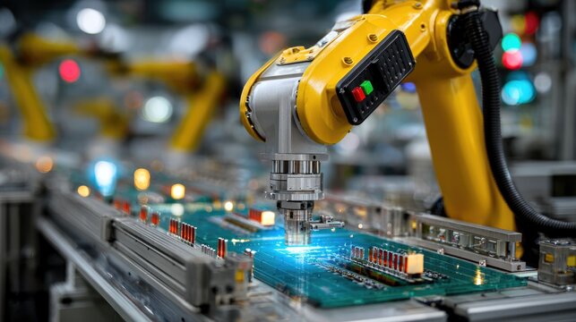 Industrial robotic arm soldering electronic circuit board in modern factory