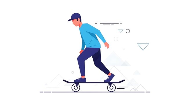 Young man in blue riding a skateboard, a minimalist flat vector illustration with abstract shapes.
