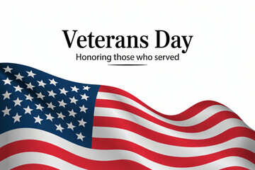 Veterans Day text with simple American flag curve. Minimalist tribute banner honoring all military veterans.