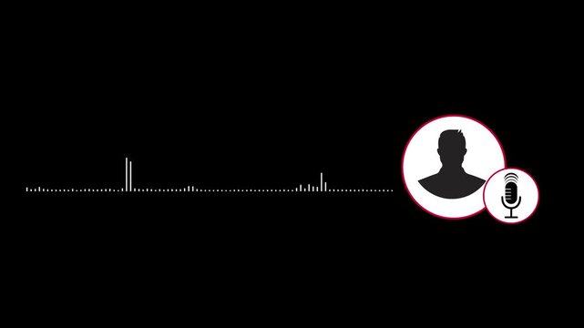Virtual male character interview voice animation. Voice recording and podcast mic microphone button icon animation. music equalizer signal. 4k video animation