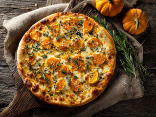 A beautifully crafted pumpkin and herb pizza rests on a wooden board, garnished with fresh rosemary and accompanied by small pumpkins, creating a warm Thanksgiving atmosphere