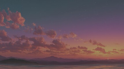 Colorful sunset over mountains with dramatic clouds in the evening sky - Low Contrast