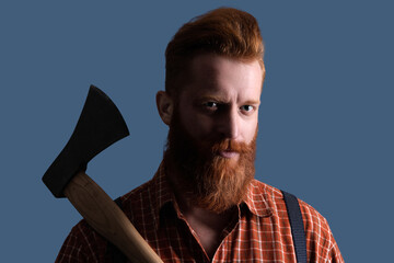 Bearded man isolated on grey. Bearded man hold ax. Hair and beard care. Handsome bearded brutal man. Beard styling with axe. Brutal Caucasian hipster with retro moustache. Precision cut