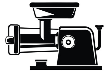 Black mechanical appliance with hopper and handle presents a vintage kitchen instrument silhouette