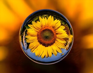 Macro close-up of sunflower reflection inside a water droplet with golden yellow blurred background, summer floral nature concept