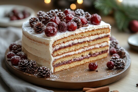 Cake with white frosting topped with cranberries.