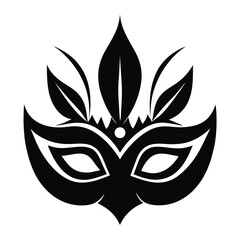 Stylized dark masquerade mask features elegant feather detail against a clean white background