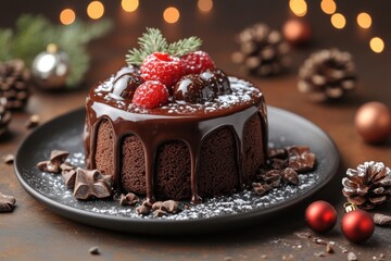 Chocolate cake topped with raspberries on a plate.