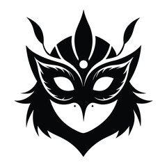 Striking black mask features pointed feather details, creating a unique, stylized silhouette