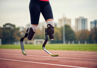 A legless man with prosthetics running on blurred stadium background. Rehabilitation, jogging, fitness concept. Lifestyle shot for poster, visual material 