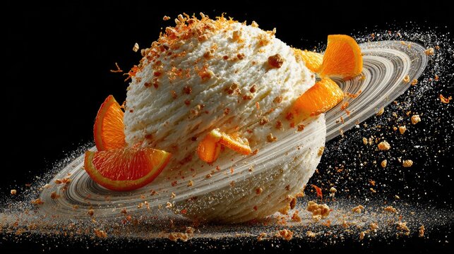 Creative concept of orange ice cream scoop as a planet with citrus slices and cookie rings in space
