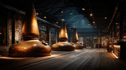 Traditional whisky distillery interior with copper stills in rustic industrial hall