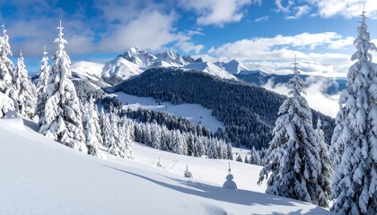 Fototapeta premium A scenic landscape showcases a snowy mountain range under a blue sky, dotted with snow-laden evergreens