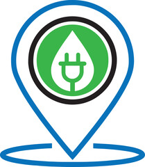 Green Energy Location Pin with Eco Plug and Water Drop Leaf Icon