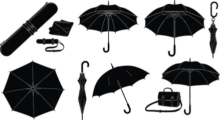 Umbrella silhouettes, folded and open umbrellas, rain protection accessories, fashion items, CAD drawing, flat vector icons, minimal design, isolated black shapes, modern illustration © Itz Joydip