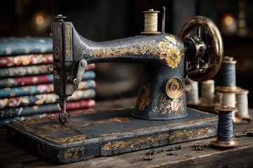 Antique sewing machine with gold floral design up close